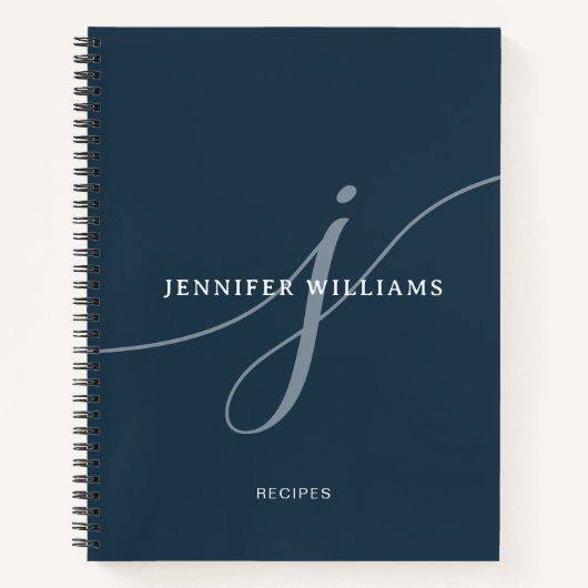 Carnet Elégant bleu marine Script Monogramme Recette (Devant)