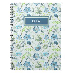 Carnet Elégant Boho Blue Green Watercolor Fleurs Nom