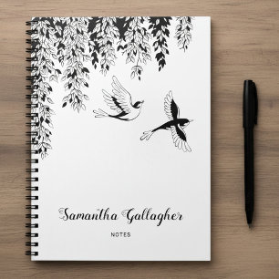 Carnet Élégant bouleau pleureur noir et blanc oiseaux en