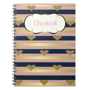 Carnet Élégant Chic Cœurs Pailletés Faux Or Sur Rayures