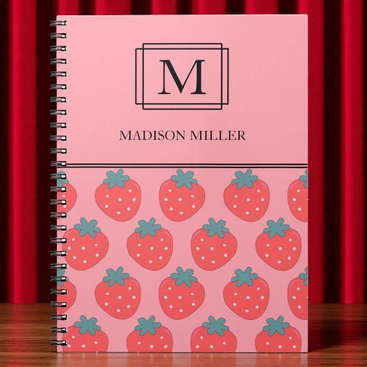 Carnet Elégant Chic Monogram Strawberries Personnalisé