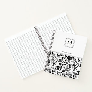 Carnet Élégant Chic Monogramme Motif Fleur Noir Blanc