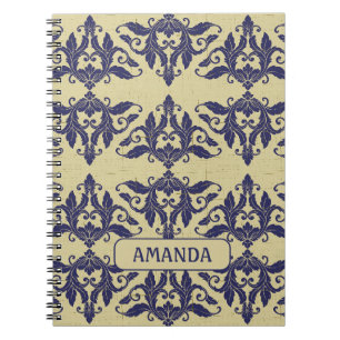 Carnet Élégant damas vintage bleu marine jaune monogramme