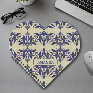 Carnet Élégant damas vintage bleu marine jaune monogramme