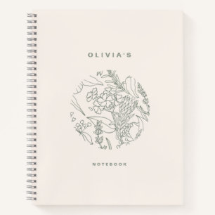 Carnet Elegant Ecru Sage Green Flowers Herbes Spiral