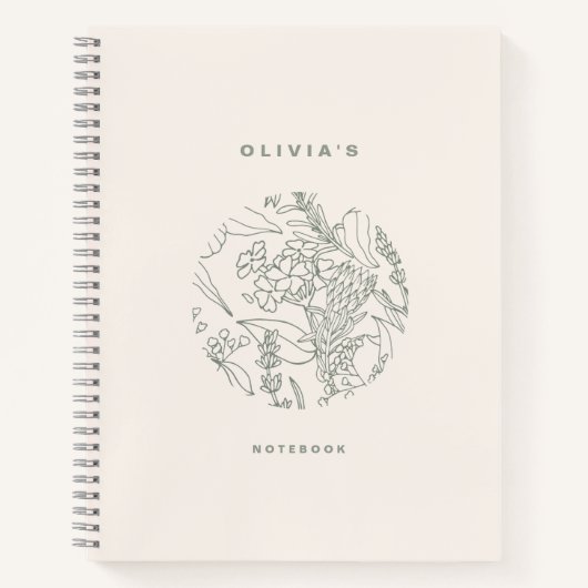 Carnet Elegant Ecru Sage Green Flowers Herbes Spiral (Devant)