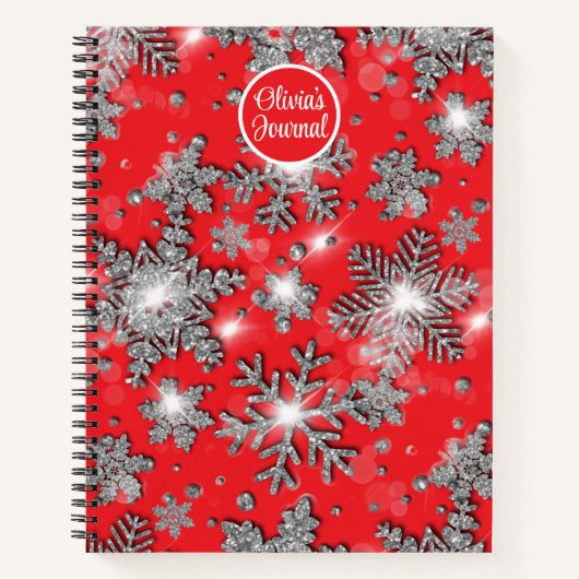 Carnet Élégant flocon rouge de Noël blanc argent (Devant)