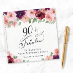 Carnet Elégant Floral 90th Birthday Party Guest Book<br><div class="desc">Elégant livre d'or pour sa fête du 90e anniversaire avec "90 & Fabulous" dans un script de calligraphie élégant et bouquets d'aquarelle de fleurs rouge bordeaux et rose roux avec de la végétation sauge.</div>