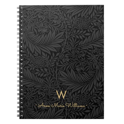 Carnet Elegant Gold Monogram Name Black Floral Pattern (Devant)