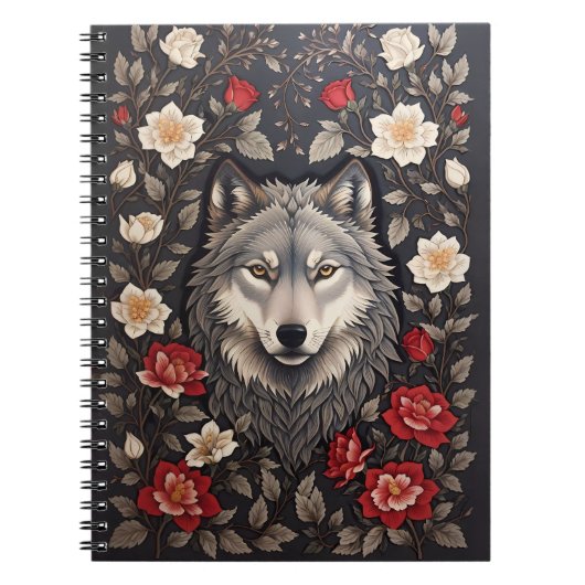 Carnet Élégant loup gris floral (Devant)