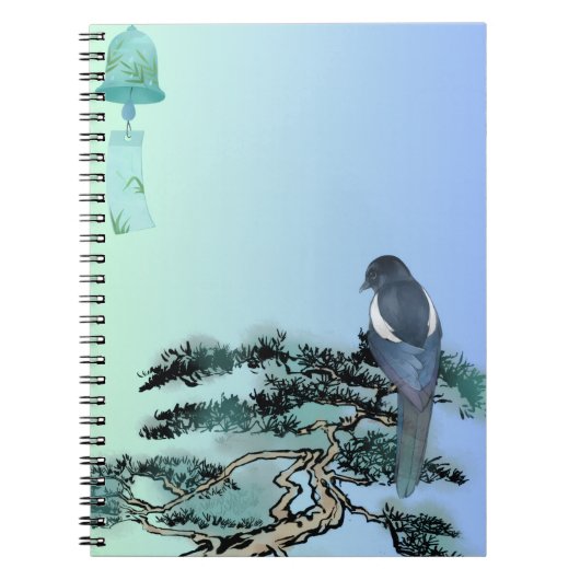 Carnet Elegant Magpie Bird & Japanese Bonsai Drawstring B (Devant)