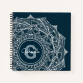 Carnet Élégant Mandala Art Monogramme Nom initial Bleu (Devant)