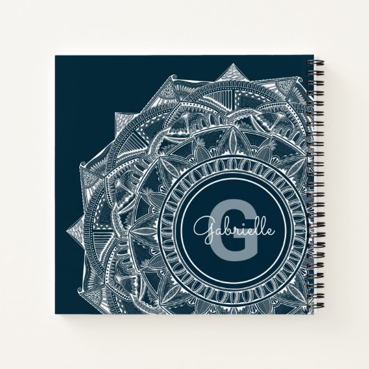 Carnet Élégant Mandala Art Monogramme Nom initial Bleu (Dos)
