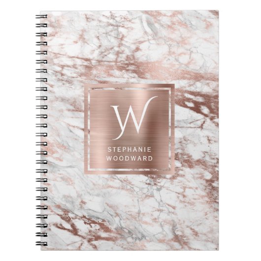 Carnet Elégant Marbre Monogramme Or Rose Blanc (Devant)