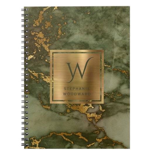 Carnet Élégant Marbre Vert Olive Or Monogramme (Devant)