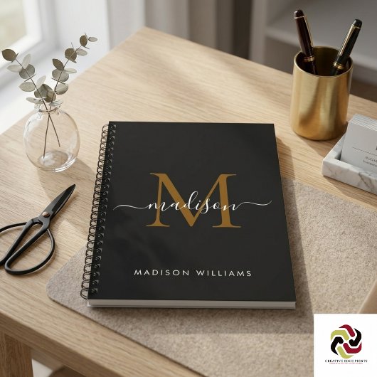 Carnet Élégant Monogram Black Gold Script Office School