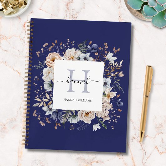 Carnet Elegant Monogram Pretty Beige Blue Flowers Floral