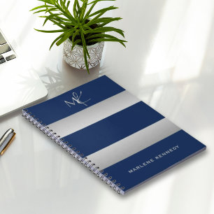 Carnet Élégant Monogramme Argent Personnalisé Bleu Marine
