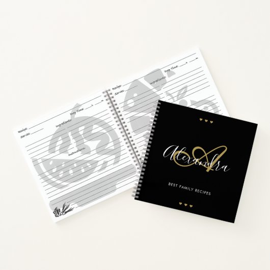 Carnet Élégant Monogramme Black Gold Script Nom Recette (Intérieur)