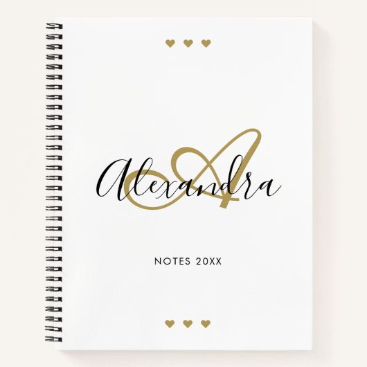 Carnet Élégant Monogramme Blanc Gold Script Nom initial (Devant)