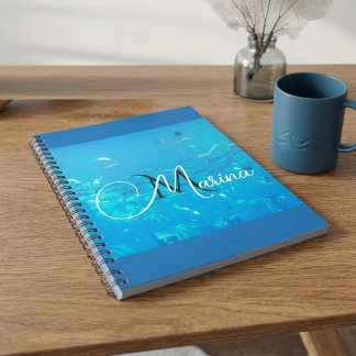 Carnet Élégant Monogramme Bleu Aqua Banc de Poissons Océa