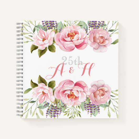 Carnet Élégant monogramme de couronne de fleurs rose 25e  (Devant)