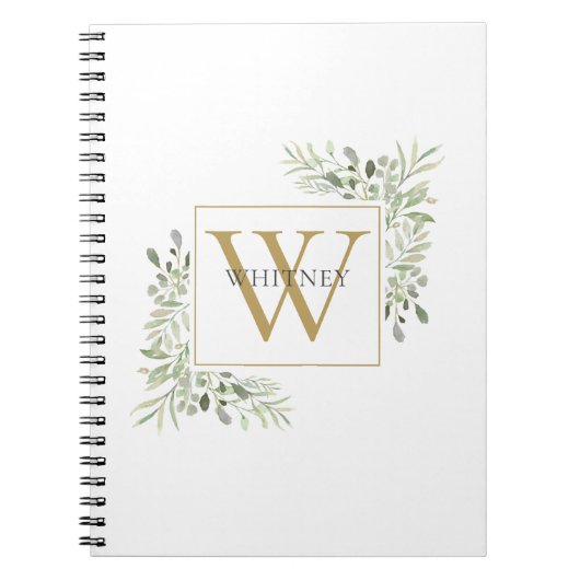 Carnet Élégant Monogramme de Feuillage de Verdure en Or (Devant)