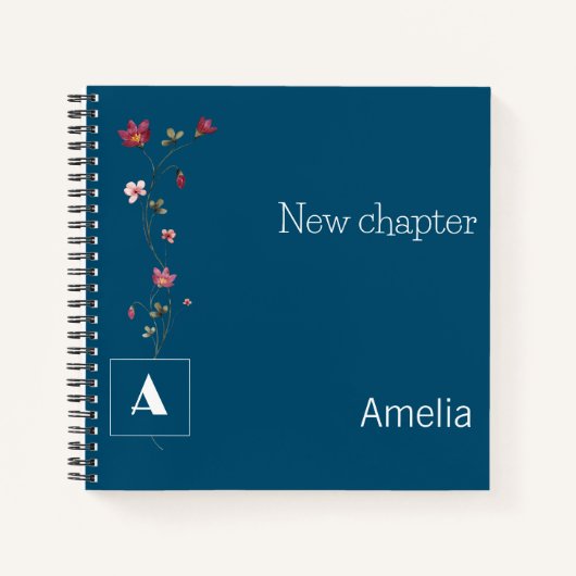 Carnet Élégant monogramme de retraite nom floral bleu fon (Devant)