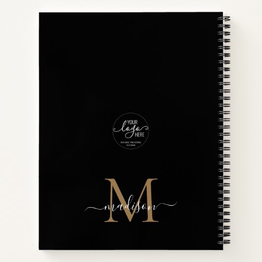 Carnet Élégant Monogramme d'or noir Nom du logo initial (Dos)