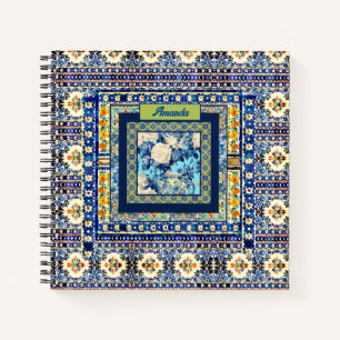 Carnet Élégant monogramme floral de chinoiserie bleue