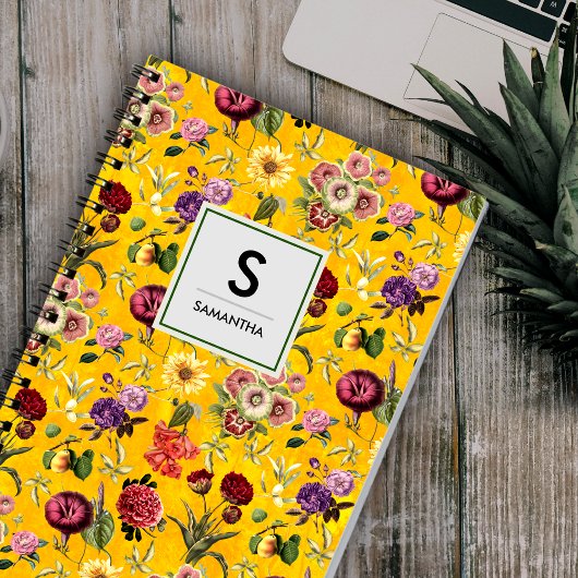Carnet Élégant monogramme jaune à motif floral