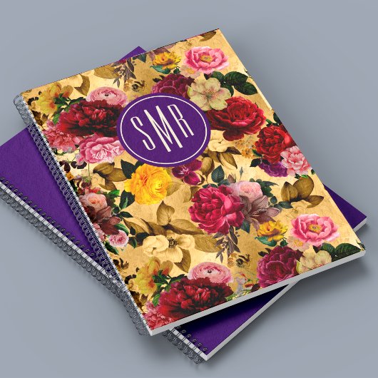 Carnet Élégant monogramme jaune de fleurs roses