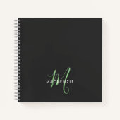 Carnet Élégant Monogramme moderne noir vert Script (Devant)