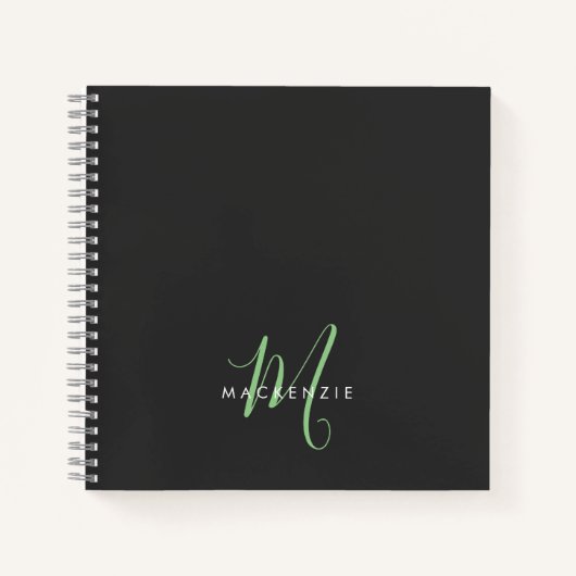 Carnet Élégant Monogramme moderne noir vert Script (Devant)