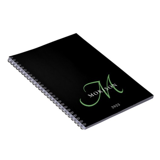 Carnet Élégant Monogramme moderne noir vert Script (Côté Droit)