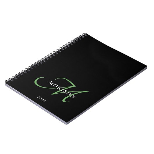 Carnet Élégant Monogramme moderne noir vert Script (Côté gauche)