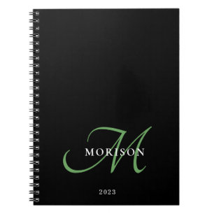 Carnet Élégant Monogramme moderne noir vert Script