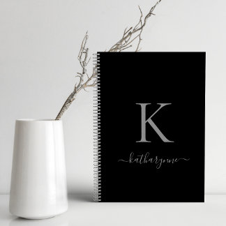 Carnet Élégant Monogramme noir et argent Nom du script