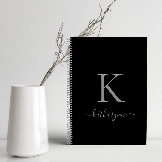 Carnet Élégant Monogramme noir et argent Nom du script