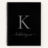 Carnet Élégant Monogramme noir et argent Nom du script (Devant)