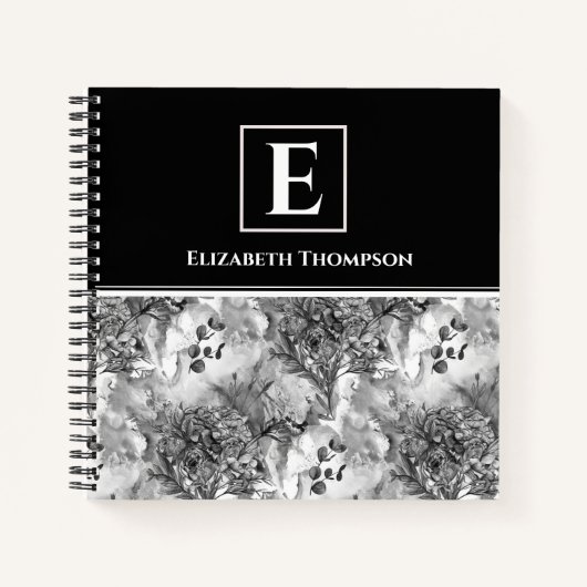 Carnet Élégant Monogramme noir et blanc Custom Floral (Devant)