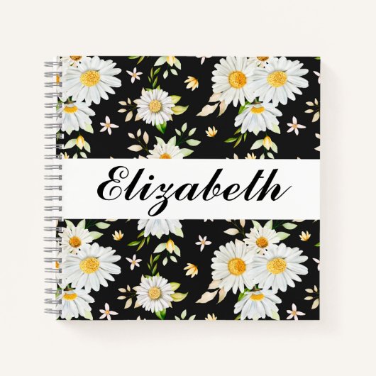 Carnet Élégant Monogramme noir et blanc Motif de margueri (Devant)