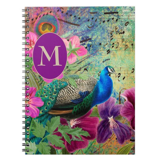 Carnet Élégant Monogramme Vintage Bleu Vert Paon (Devant)