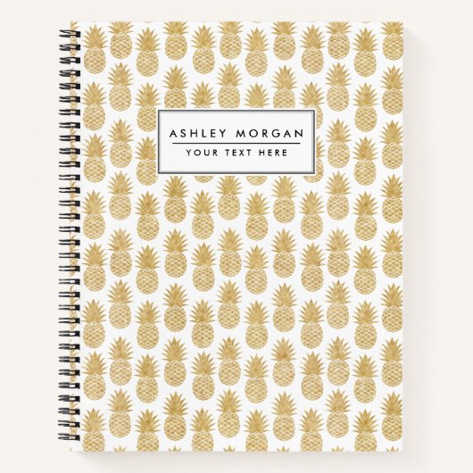 Carnet Élégant Motif d'ananas Tropical Blanc Or (Devant)
