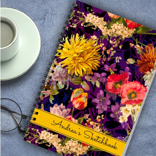 Carnet Élégant motif floral jaune violet