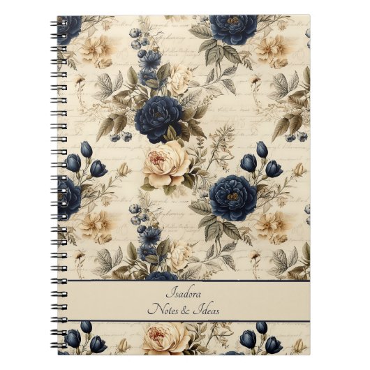 Carnet Elégant motif floral Rose crème bleue (Devant)