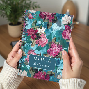 Carnet Élégant motif floral rose et bleu