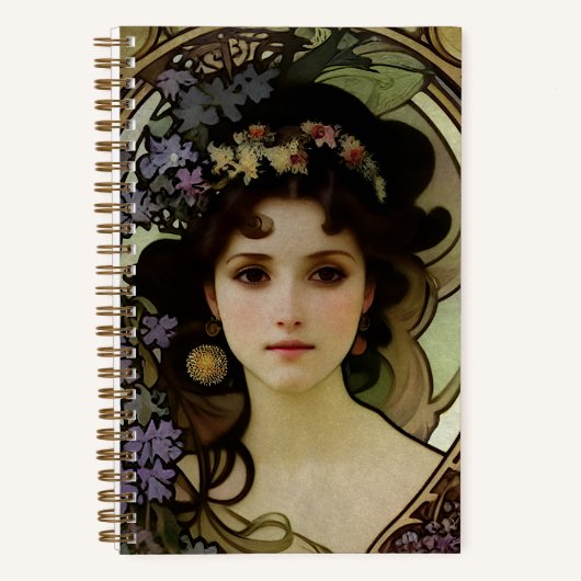 Carnet Elégant Mucha Style Portrait d'une belle femme (Recto)