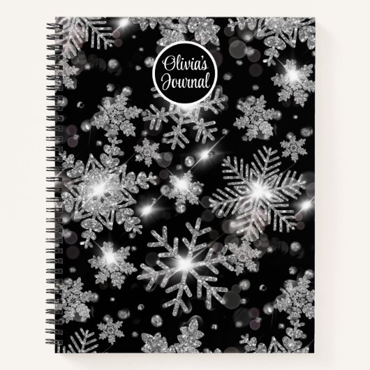 Carnet Élégant Noël noir blanc argent flocons de neige (Devant)