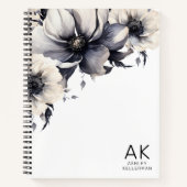 Carnet Élégant noir blanc floral Monogramme (Devant)